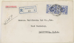 HONG KONG. 1924. Registered Cover To USA With Pair Of 1921 10c Ultramarine Tied By ‘Registered’ Hong Kong Datestamps, Bl - Other & Unclassified