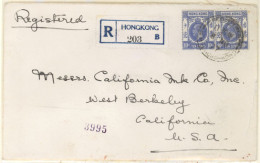 HONG KONG. 1927. Registered Cover To USA Franked By Two 1921 10c Ultramarine Tied By ‘Registered’ Cds, Blue Hong Kong-B  - Other & Unclassified