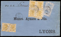 HONG KONG. 1901. Blue Envelope Addressed To Lyon/France, Franked With Hg.Kg. 5 Cts Yellow (S.G.58), Pair And BLOCK F FOU - Sonstige & Ohne Zuordnung