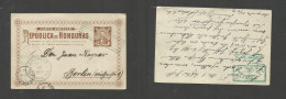 HONDURAS. 1897 (28 Sept) Amapola - Germany, Berlin. 3c Brown Illustrated Stat Card. Fine Depart Cds + Transited. Fine Sc - Honduras