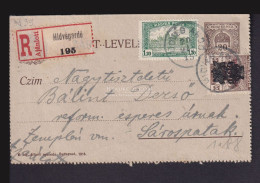 HÍDVÉGARDÓ 1920. Ajánlott, Kiegészített Zárt Díjjegyes Levlap Sárospatakra - Storia Postale