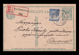 ORAVICABÁNYA 1917. Ajánlott, Kiegészített Díjjegyes Orsovára - Cartas & Documentos