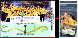 Ref. BR-V2016-10+E BRAZIL 2016 - TRIBUTE FEMALE HANDBALL,WORLD CHAMPION IN 2013, S/S MNH + EDICT, SPORTS 1V - Handball