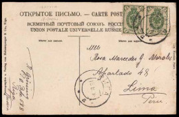 LATVIA. 1906(31 Aug). Riga To Lima/Peru (Oct.11).PPC.franked Russia 2c.green Horizontal Pair Tied Cds. Arrival On Revers - Lettonia