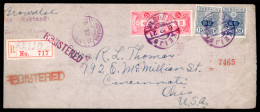 KOREA. 1921. Seoul To USA. Registered Envelope Frkd. Japan 3sen + 10sen (x2 Each). Tied Blue Cds. XF. - Corea (...-1945)