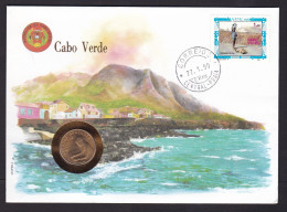 Cabo Verde: Numismatic Cover, 1990, 1 Stamp, Coin Included, Child, Toy, Landscape, UN Stamps At Back (traces Of Use) - Kap Verde