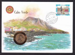 Cabo Verde: Numismatic Cover, 1990, 1 Stamp, Coin Included, Child, Toy, Landscape, UN Stamps At Back (traces Of Use) - Isola Di Capo Verde