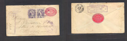 GUATEMALA. 1899 (20 Dic) Retalhuleu - France, Bordeaux (16 Jan 1900) Registered 10c Red Stat Env + 2 Adtls, Tied "2" GPO - Guatemala