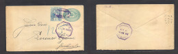 GUATEMALA. 1895 (28 Ene) Antigua - Guatemala (29 Ene) 5c Blue Stat Env + C Adtl, Tied Cork Violet Cachet. - Guatemala