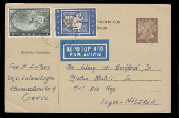 GREECE. 1965 (4 May). Thessaloniki - Nigeria. 200l Brown Stat Card + 2 Adtls / Airmail. Scarce Comercial. VF. - Autres & Non Classés