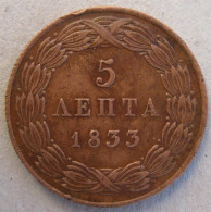 Grèce . 5 Lepta 1833 Othon, En Cuivre, KM# 16 - Griechenland