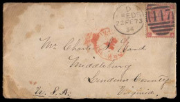 GREAT BRITAIN. 1873 (22 Feb) Leeds To Middleburg, VA, USA. Franked Envelope Bearing QV 3d Rose Pl 9 (SG 103, £80,00+), T - ...-1840 Vorläufer