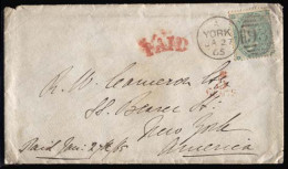 GREAT BRITAIN. 1865 (Jan 27) York To New York/USA. Envelope Franked QV. 1sh Green, Small Corner Letters (SG 90, Cat 04,  - ...-1840 Préphilatélie
