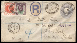 GREAT BRITAIN. 1895 (Apr 20) Perry Barr To New York, USA. Registered 2d Grey Blue Stationery Envelope + Adtl 1/2 D Orang - ...-1840 Vorläufer