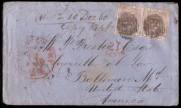 GREAT BRITAIN. 1860 (Oct 27) Dewsbury Via Bailey To Baltimore, MD, USA. Envelope Franked QV 6d Lilac, Horizontal Pair (S - ...-1840 Préphilatélie