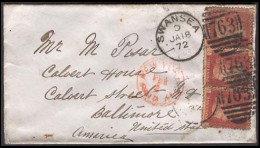 GREAT BRITAIN. 1872 (Jan 18) Swansea To Baltimore, USA. Envelope Franked 1d Rose-red Pl 145 (SG 43x3), Tied "763" + Cds, - ...-1840 Préphilatélie