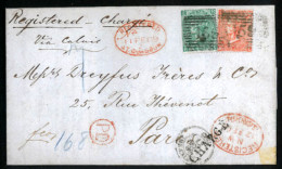 GREAT BRITAIN. 1869(Feb 11). Registered Entire Letter To Paris Franked By 4d Vermilion Pl.10 And 1s Green Pl. 4 Tied Gla - ...-1840 Vorläufer