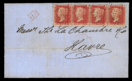 GREAT BRITAIN. 1864. (Aug 15) Southampton To Le Havre/France. E.L. Franked Perf 14 1d Red Plate 76 STRIP OF FOUR (S.G. 4 - ...-1840 Préphilatélie