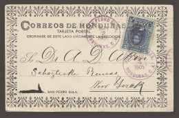 HONDURAS. 1905 (3 May). San Pedro Sula - USA / NY. Via Puerto Nogales (4 May). Early PPC Fkd 5c V Scarce. - Honduras