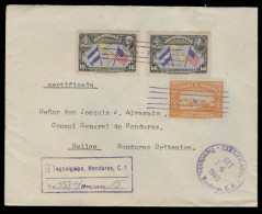 HONDURAS. 1940 (4 Sept). Tegucigalpa - British Honduras / Belize. Reg Multifkd Env. Arrival Reverse VF + Scarce Dest. - Honduras