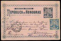 HONDURAS. 1898. Amapala - Germany. 2c Stat Card + 1c Adtl. Fine Scarce Used. Via NY. - Honduras