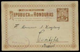 HONDURAS. 1896. Amapala - BRAZIL / Curytiba. 3c Stat Card. Fine Used + Scarce Dest. - Honduras