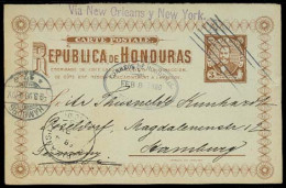 HONDURAS. 1896. Tegucigalpa - Germany. 3c Stat Card. Via NY. VF Used. - Honduras