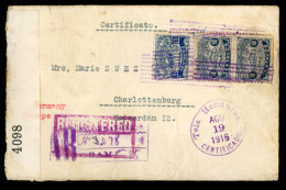 HONDURAS. 1916(aUG 19th). Registered Cover To Germany Franked By ‘Bridge’ 1915 5c Turquoise And 2x10c Deep Blue Tied In  - Honduras