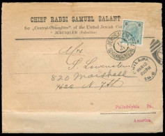 HOLYLAND. 1901 (14 Feb). Judaica. Jerusalem - USA (12 March). Fkd P Matter Rate Env With Arrival Chief Rabbi Samuel Sala - Palestine