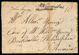 GREAT BRITAIN. 1794 (22 Feb). Newmills - USA / Philadelphia. EL Mns Town On Front / John Lyon + NY 7 May Brown Stline. F - ...-1840 Prephilately