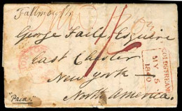 GREAT BRITAIN. 1840 (5 May). Coldstream / Switzerland - USA / NY. EL Mns Paid 1sh / 2 Onz + Falmouth + Boston Ship / 4 J - ...-1840 Prephilately