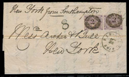 GREAT BRITAIN. 1863 (13 Oct). London - USA. EL Fkd 6d Vert Pair (SG 84). Lilac Vertical Pair On 1863 NY Ship Letter Very - ...-1840 Precursori