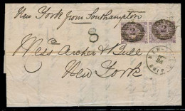 GREAT BRITAIN. 1863 (13 Oct). London - USA. EL Fkd 6d Vert Pair (SG 84). Lilac Vertical Pair On 1863 NY Ship Letter Very - ...-1840 Prephilately