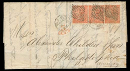 GREAT BRITAIN. 1866. Belfast / Nothern Ireland - USA. EL Fkd 4d Strip Of Three Tied Diamond Full 62 + Red 5 Cts. Fine. - ...-1840 Prephilately