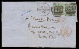 GREAT BRITAIN. 1867 (23 Apr). Manchester - URUGUAY. Frkd EL Carried By French Steamer Via Bordeaux Frkd 1sh Emblems (x2) - ...-1840 Voorlopers