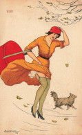 G. MESCHINI 1916 * CPA Illustrateur Meschini Italia * La Bise * Femme Mode Robe Vent Bas Chien Chapeau Dog - Sonstige & Ohne Zuordnung