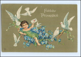 XX006578/ Pfingsten Mädchen Blumen Tauben Ca.1910 Litho Prägedruck AK - Pentecost