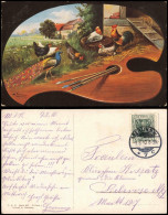 Ansichtskarte  Künstlerkarte: Pfau Hahn Hennen Auf Malerpalette 1910 - Malerei & Gemälde