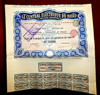 "LE CENTRAL ELECTRIQUE DU NORD SA." Brussels Belgium 1905 Share Certificate - Electricité & Gaz