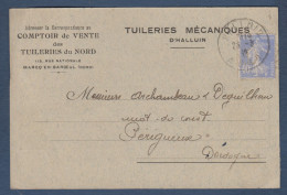 40c Semeuse Perforé  (A) D Sur Carte Tuileries Mécaniques HALLUIN ( Nord ) - Storia Postale