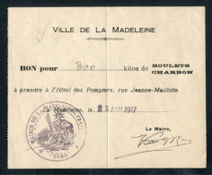 WW1 Jeton-papier Billet De Nécessité "Ville De La Madeleine - Bon Pour 300 Kilos De Boulets De Charbon - 1917" WWI - Monétaires / De Nécessité