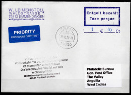 Corona Covid 19 Postal Service Interruption "Zurück An Den Absender... " Reply Coupon Paid Cover To ANGUILLA WEST INDIES - Anguilla (1968-...)