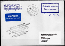 Corona Covid 19 Postal Service Interruption "Zurück An Den Absender... " Reply Coupon Paid Cover To DOMINICA - Dominica (1978-...)