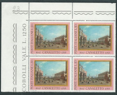 Italia 1968; Il Canaletto Dipinge Piazza San Marco A Venezia; Quartina D' Angolo Superiore. - 1961-70: Mint/hinged