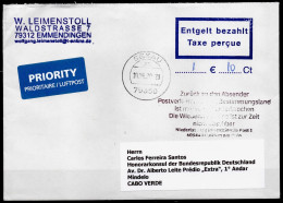 Corona Covid 19 Postal Service Interruption "Zurück An Den Absender... " Reply Coupon Paid Cover To CABO VERDE - Islas De Cabo Verde