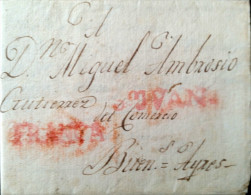 RO) 1815 CHILE, STAMPLESS MARK,SAN JUAN- AND FRANCA IN RED TO BUENOS AIRES ARGENTINA, RARE DESTINATION. XF - Chile