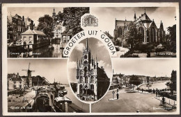 Gouda - Gouwe Met Vispanken, St. Jans Kerk, Ijssel Met Molen, Stadhuis, Bleekerssingel - 1950 - Gouda