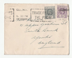 1934 CEYLON PERFIN Stamps COVER Slogan Trade Follows The Phone To GB Telecom Telephone Perfins - Ceylan (...-1947)