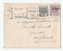 1934 CEYLON PERFIN Stamps COVER Slogan Trade Follows The Phone To GB Telecom Telephone Perfins - Ceylon (...-1947)