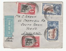 1935 CEYLON Multi Royal Jubilee Rubber Tree Stamps COVER Air Mail To GB Royalty - Ceylon (...-1947)